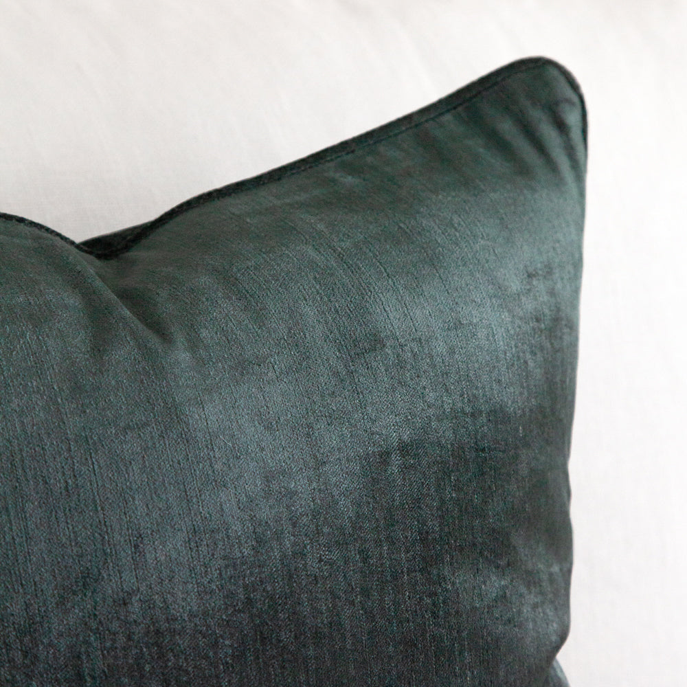 Deep teal green blue square velvet cushion.