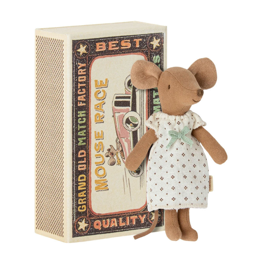 Maileg brown big sister mouse with white vintage style dress and matchbox.