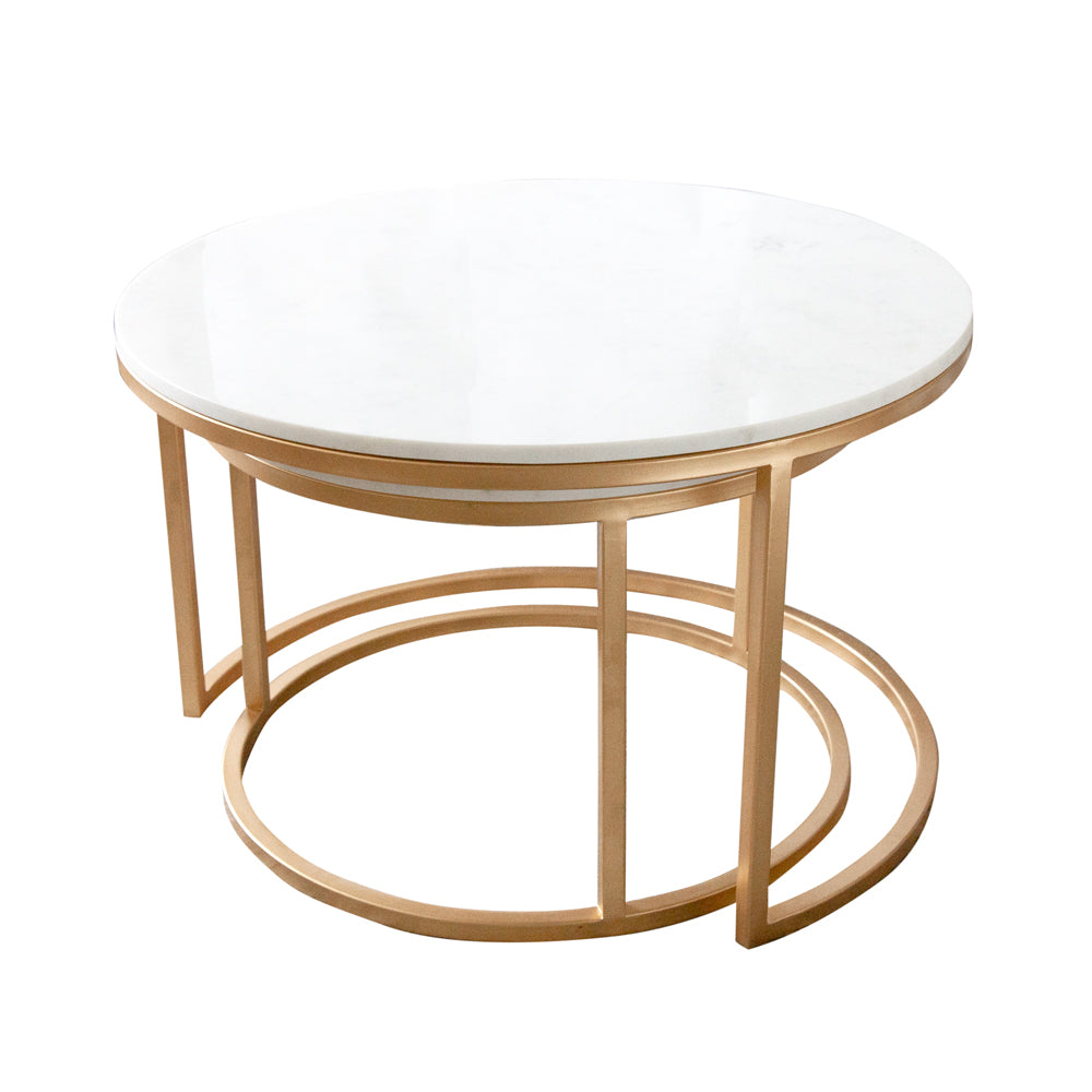Marble top, brass legged nesting coffee table set. 