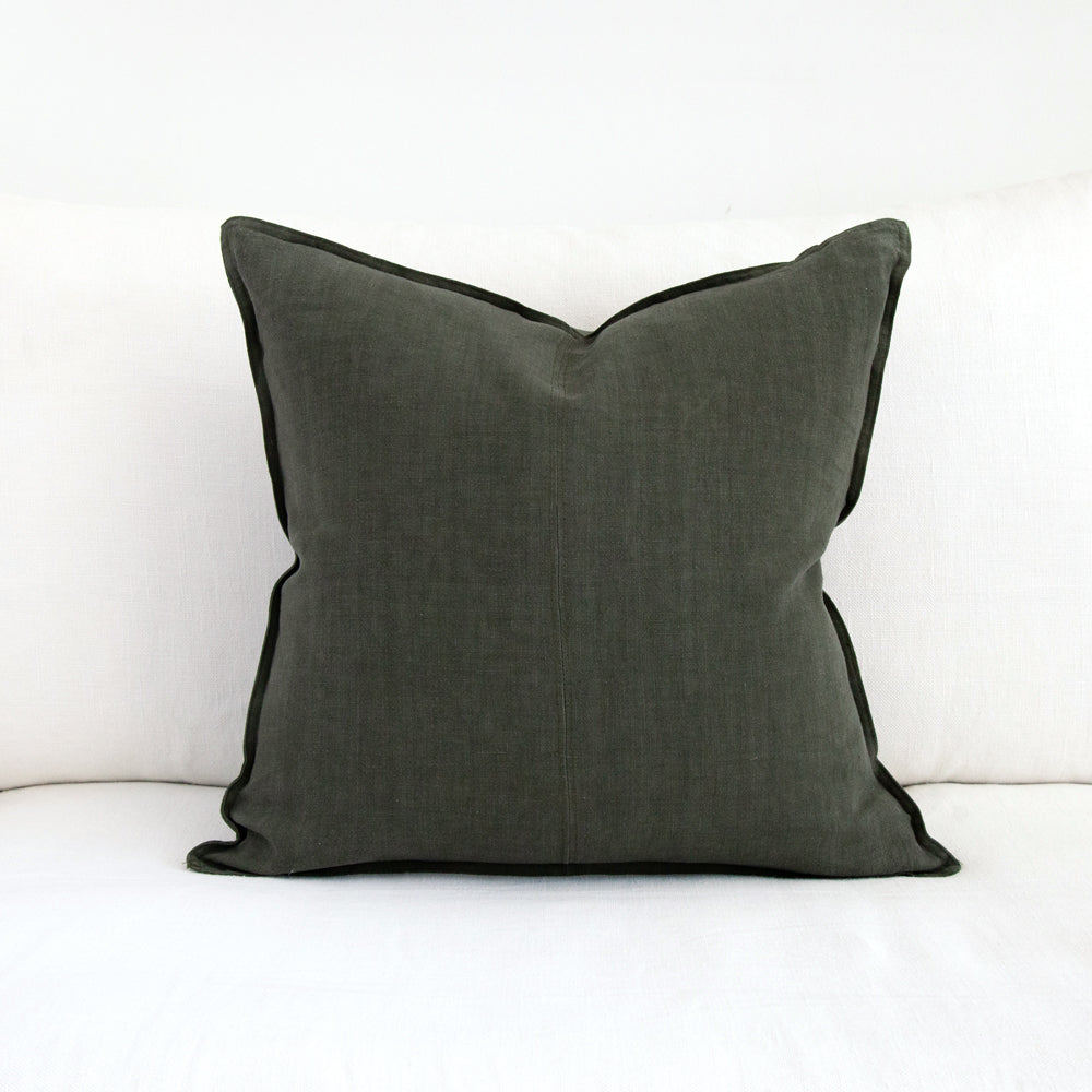 dark green square linen cushion