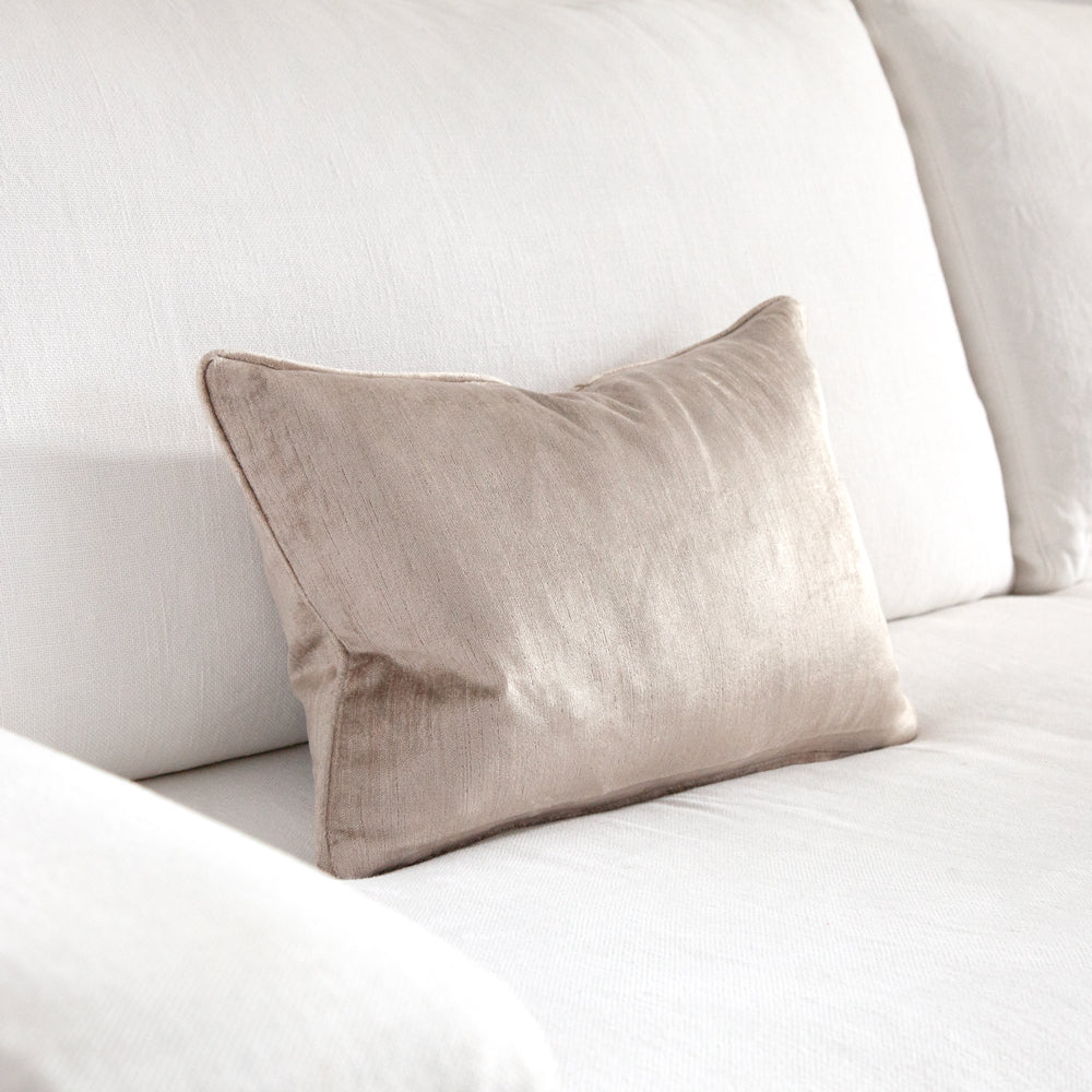 Grey Beige velvet cushion with piped edge. 