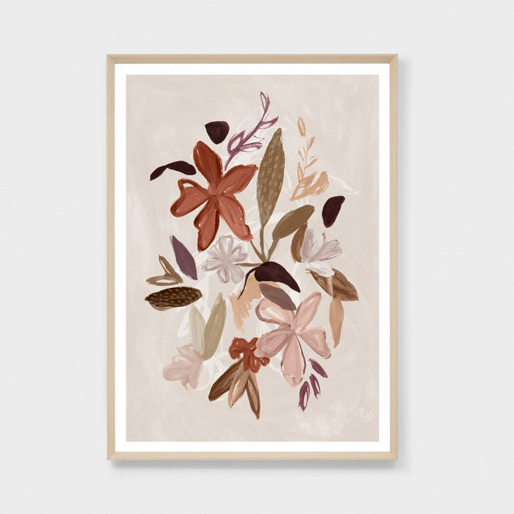 Painterly wall art in earthy blush tones. Artwork features abstract florals and leaves with a beige background.