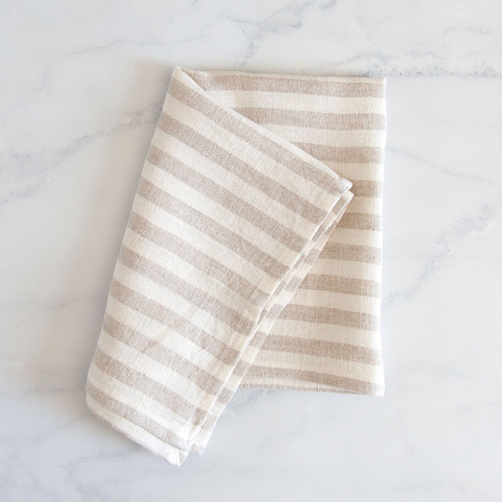 Pencil Stripe Linen Tea Towel Biscuit