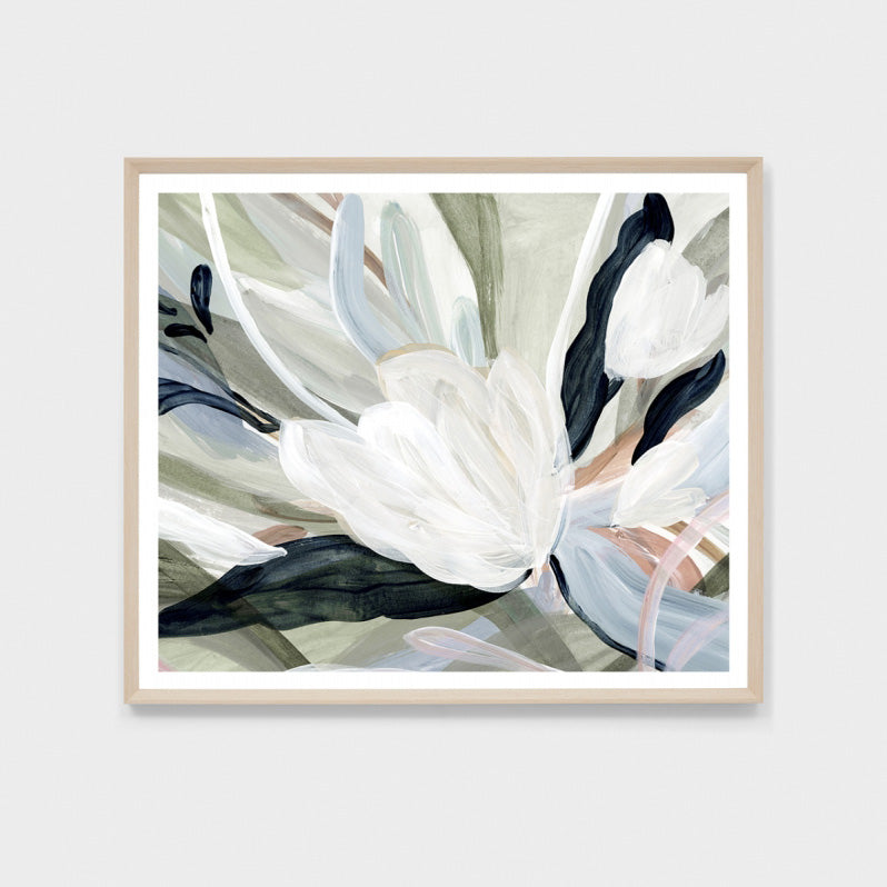 Blue and green abstract floral painted framed wall art.