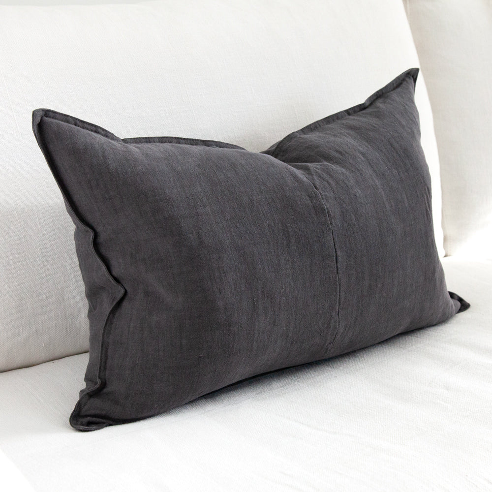 Rectangular charcoal linen cushion.