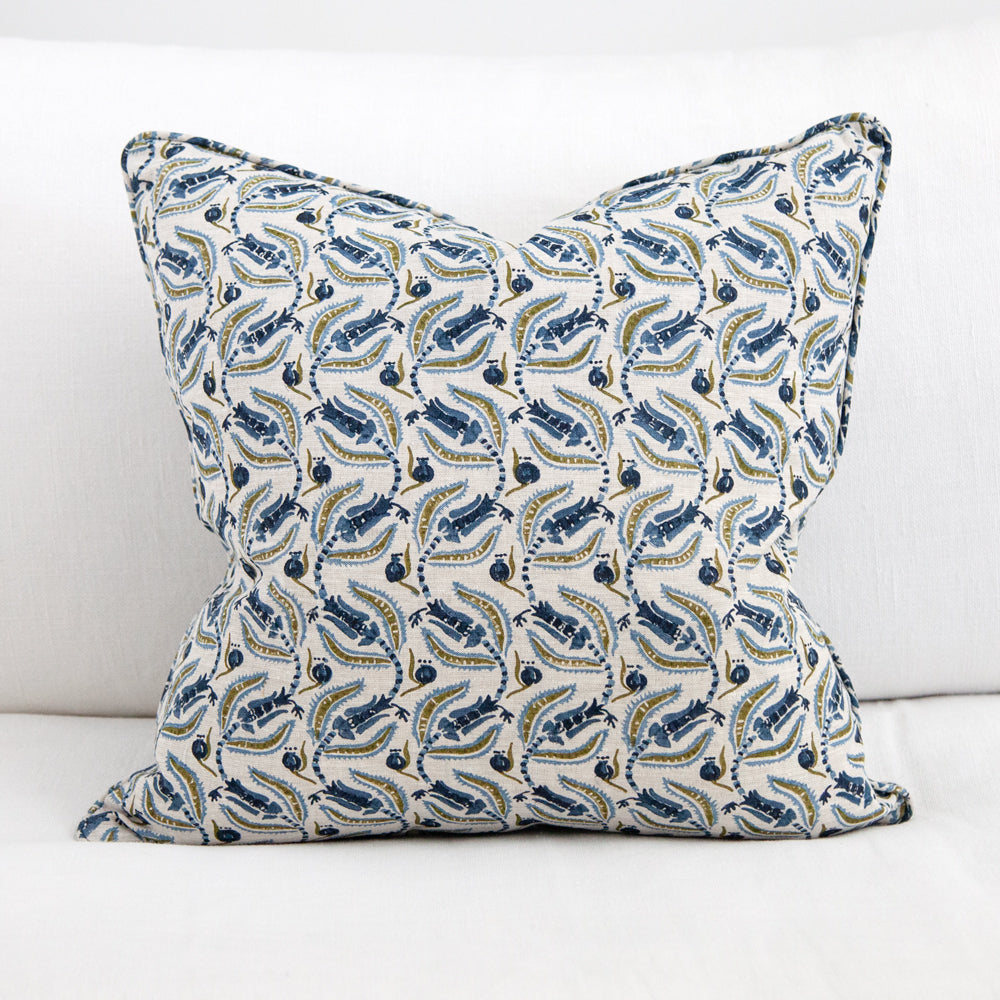 Walter G Broccato Moss Azure Cushion. Cushion with blue and green floral repeat pattern.