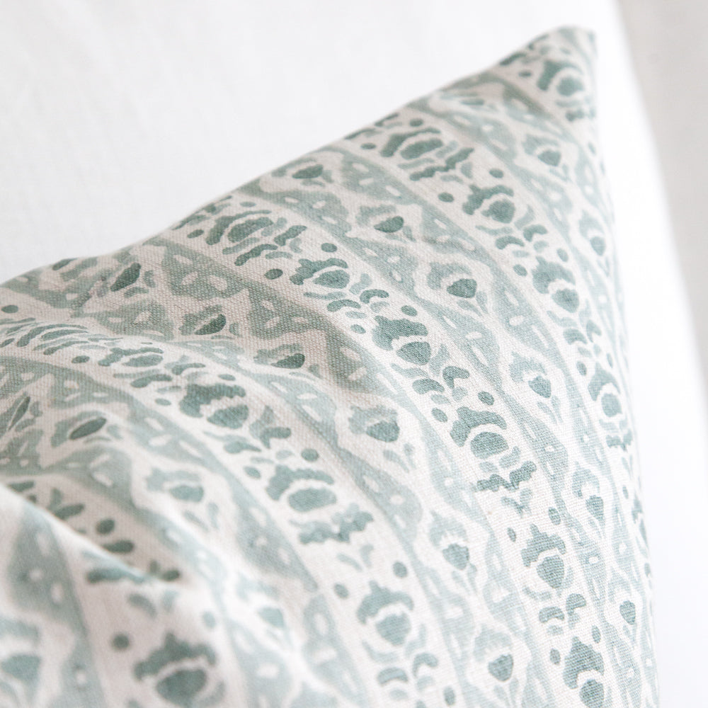 Close up of the design on Walter G Rialto Cushion in Celadon Colour. 
