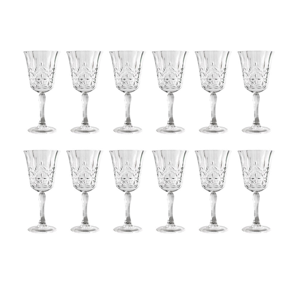 12 reusable plastic wine glasses that look just like cut crystal.