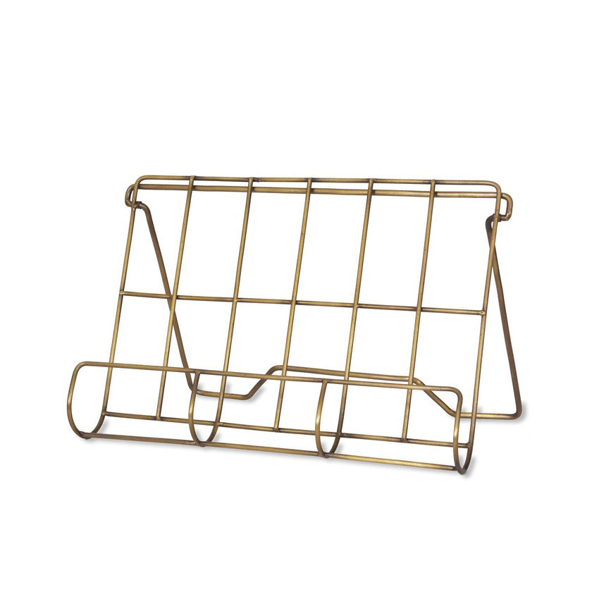 Wire cook book stand holder in antique brass finish.