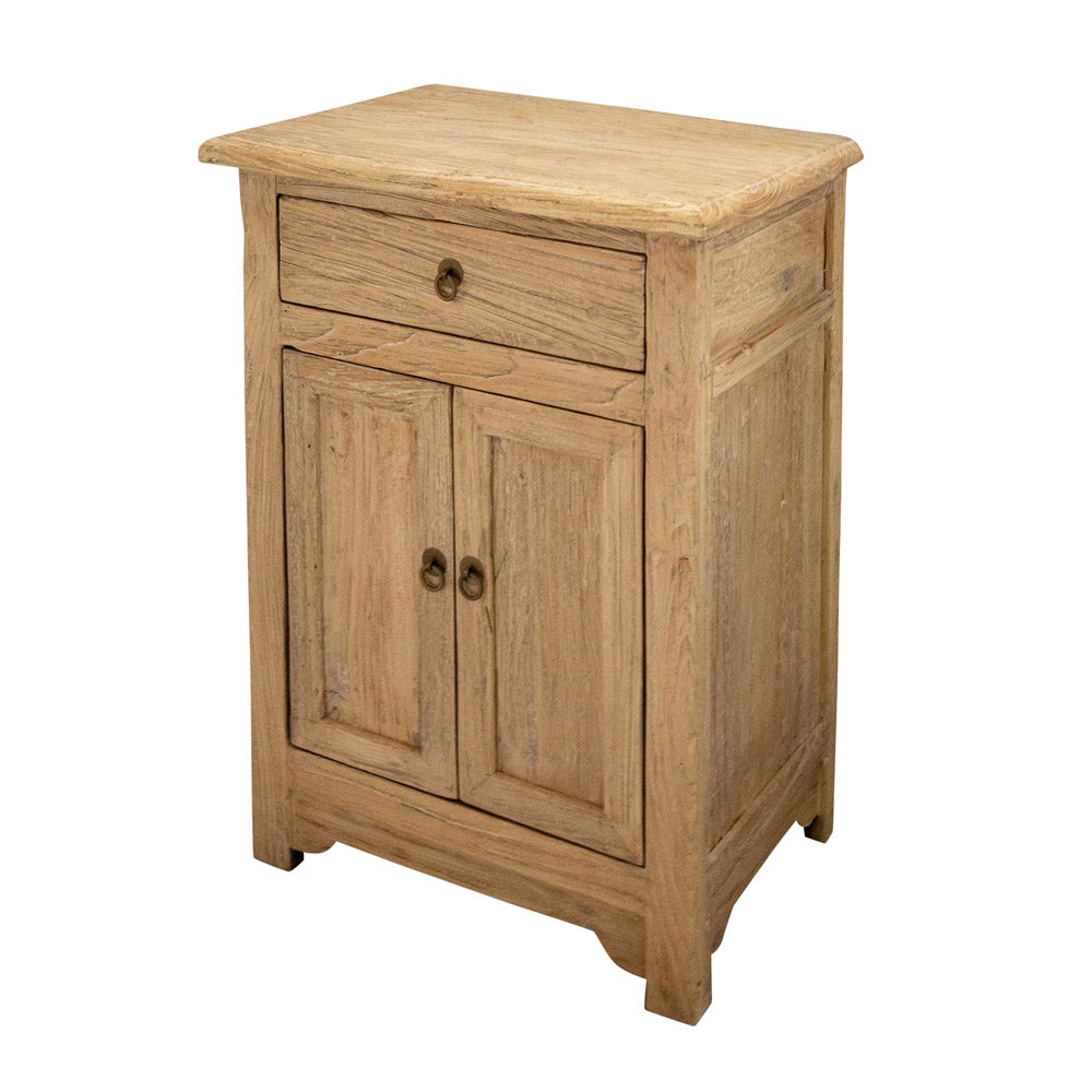 Rustic wooden bedside table with storage.