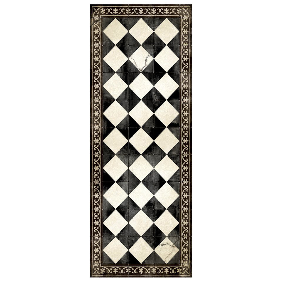 Beija Flor Gambit vinyl floor mat. Black and antique white check tile look mat.