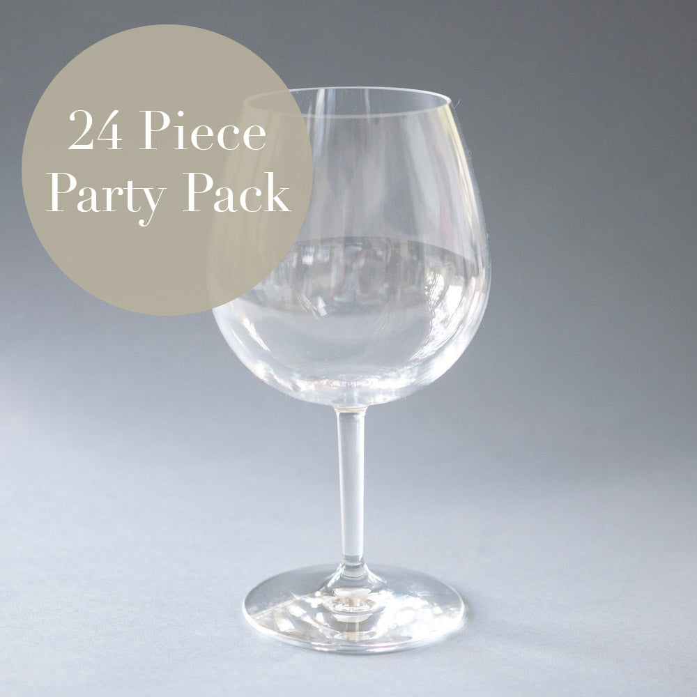 24 piece party pack of acrylic red wine glasses.