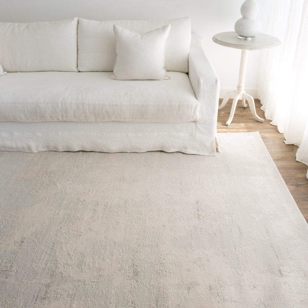 White Alba rug with white sofa. 