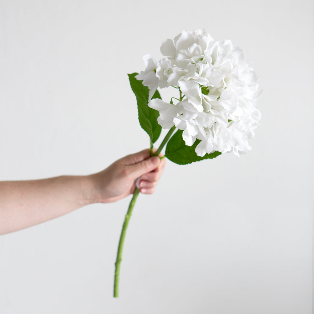 Artificial hydrangea with white petals and green stem and leaves.