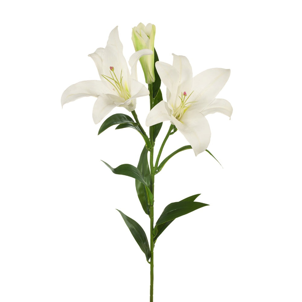 Artificial white lilies with green stem and green leaves. 