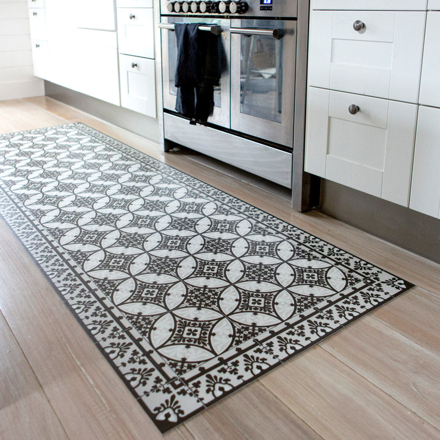 Vinyl floor mat featuring black, white and grey tile design.