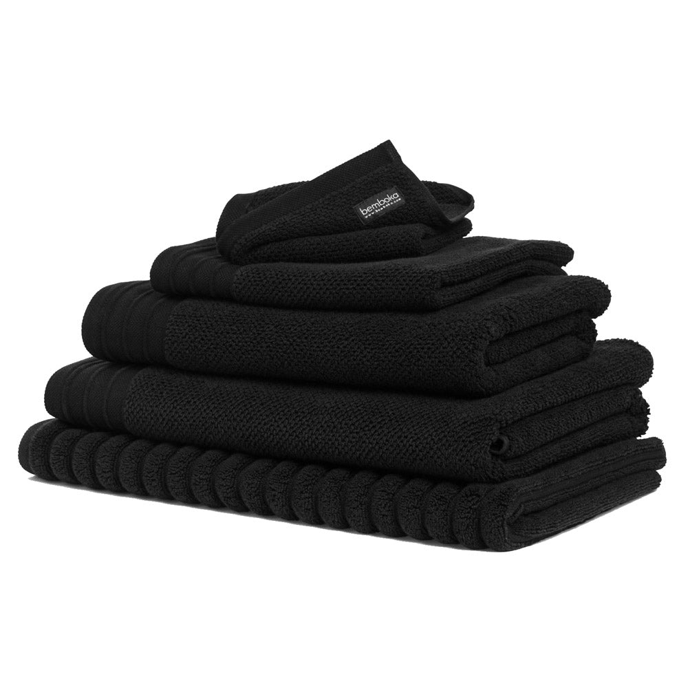 Bemboka Black Bath Towels. Range includes washer, hand towel, bath towel, bath sheet and bath mat.