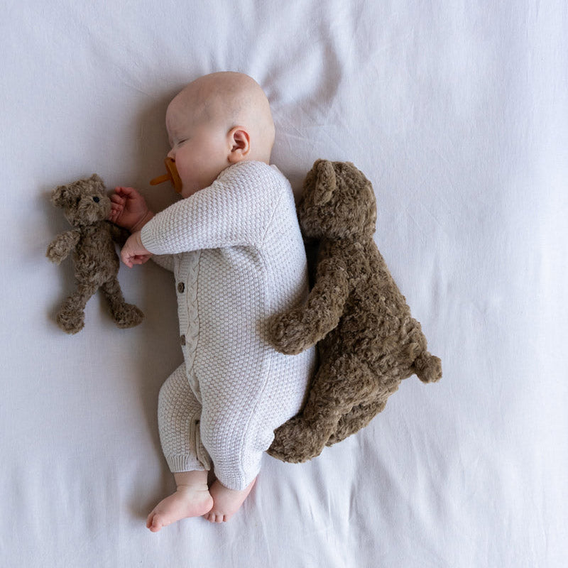 Benny the brown teddy bear with baby and rattle.