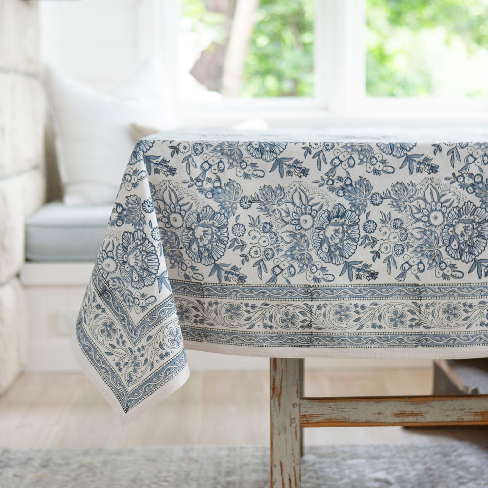 White and blue block printed tablecloth.