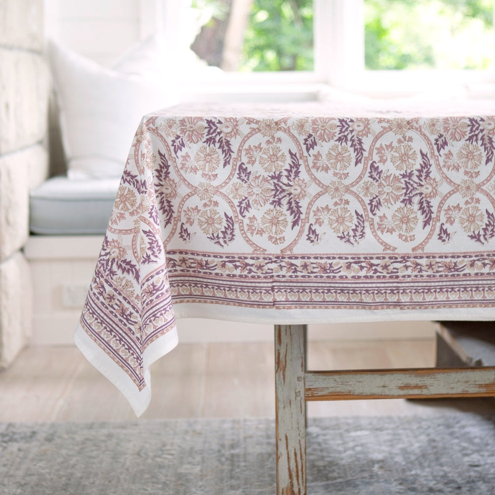 Pink block printed tablecloth.