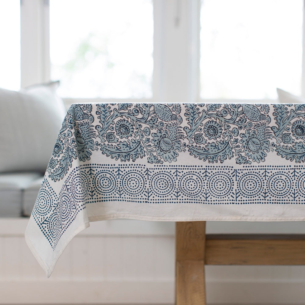 Blue floral block printed tablecloth.