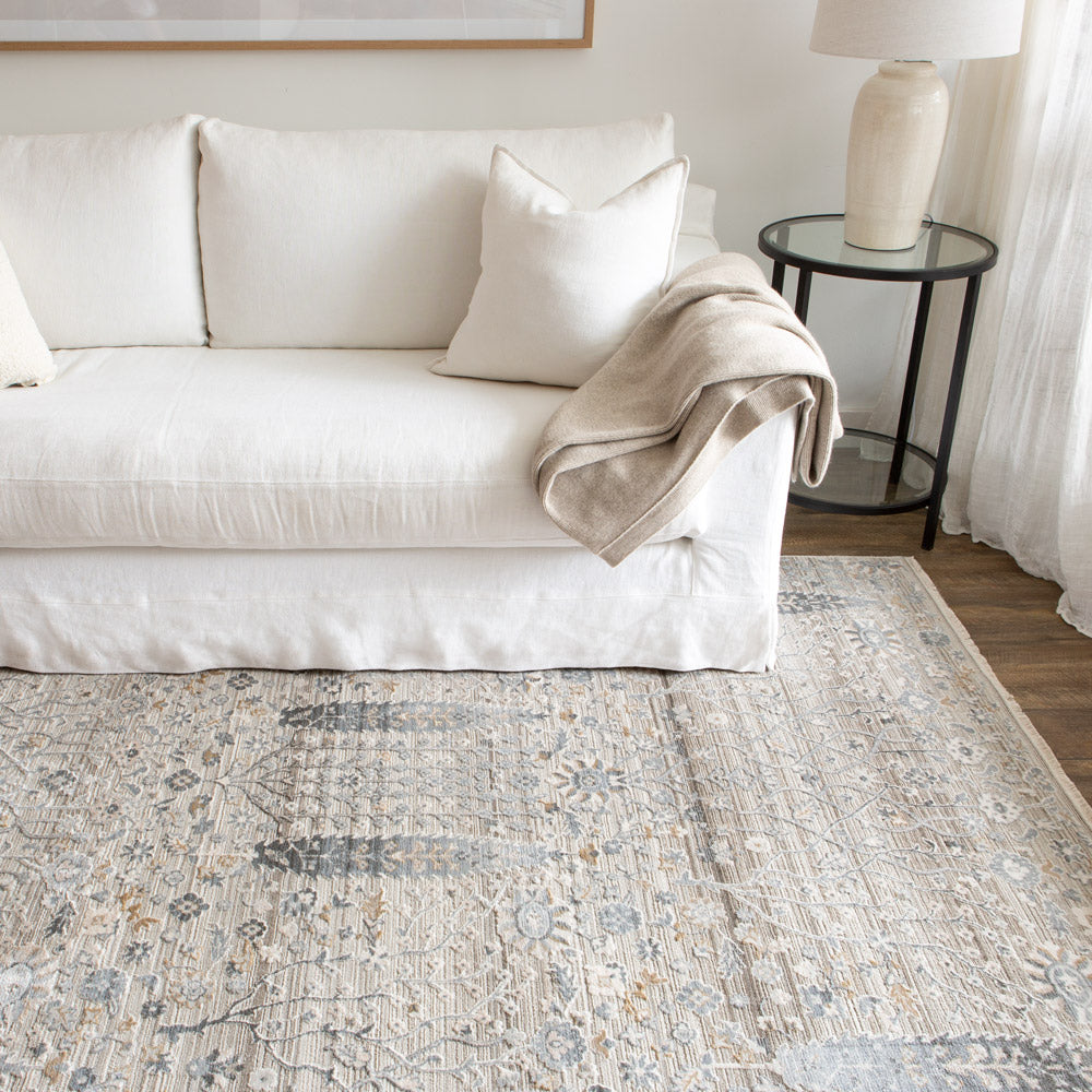 Cornwall floor rug with white sofa.