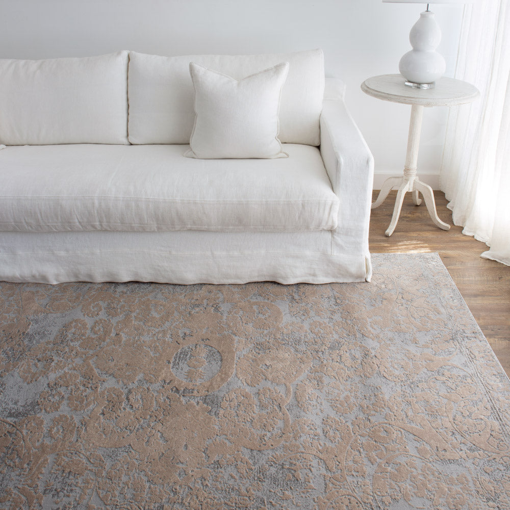 Grace floor rug with white sofa.