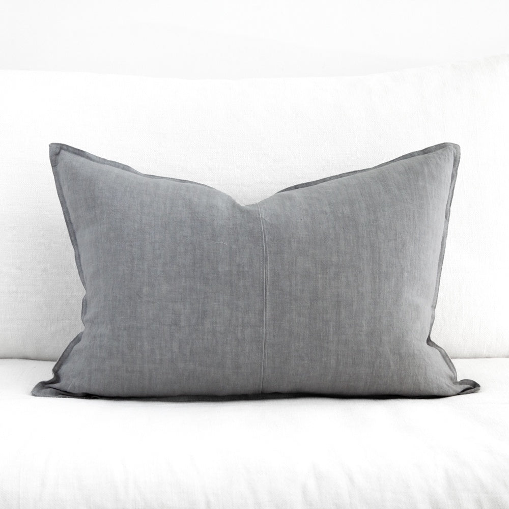 Grey rectangular linen cushion.