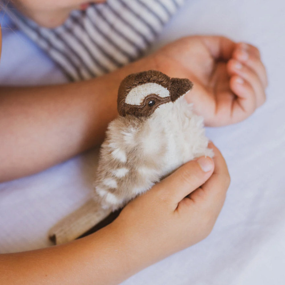 Child holding plush kookaburra baby rattle toy.