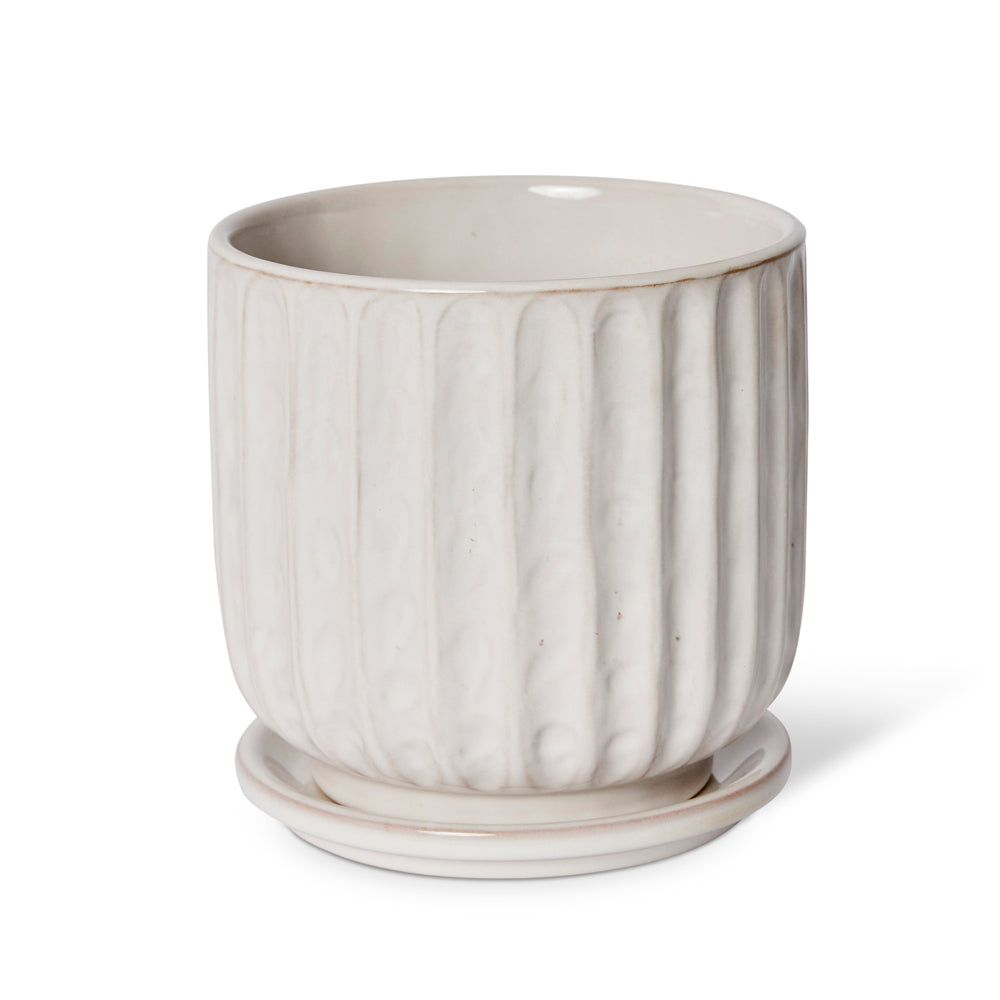 White plant pot and saucer.