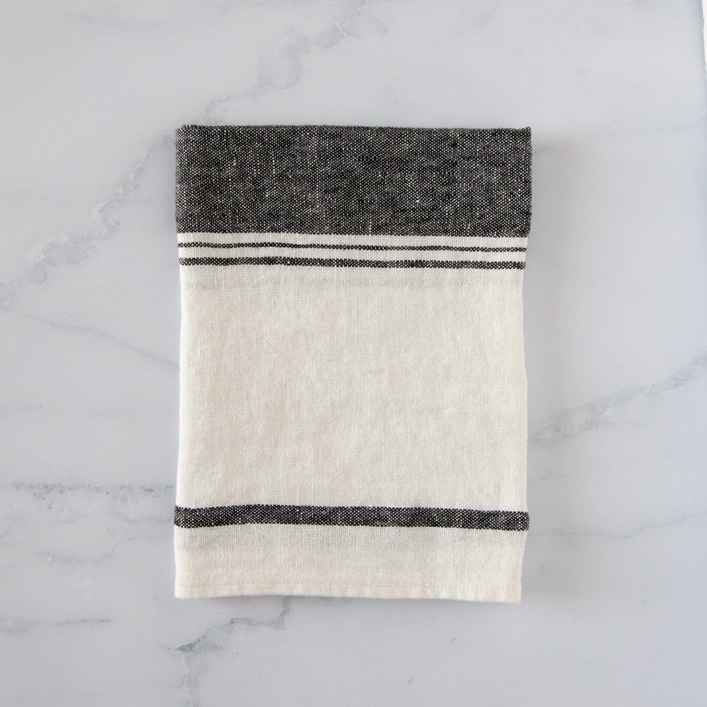 Classic black and white linen tea towel.