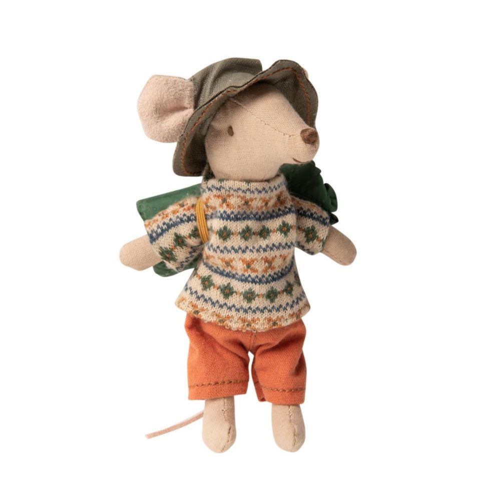 Maileg big brother camping mouse toy. Equipped with sleeping bag and hiking clothes.