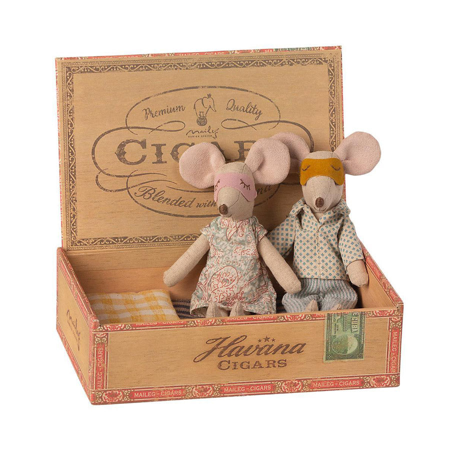 Maileg Mum and Dad mouse in cigar box bed.