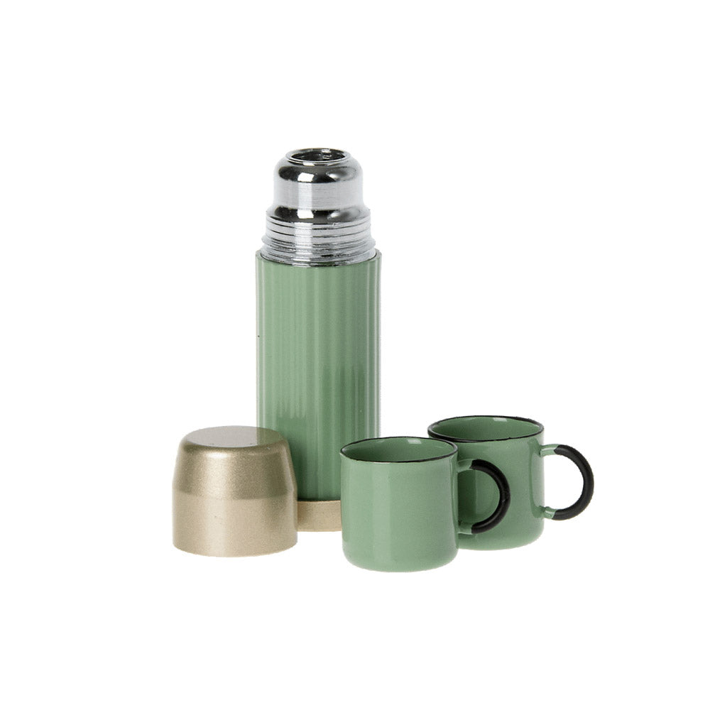 Maileg miniature camping thermos and enamel cups set in mint green colour.