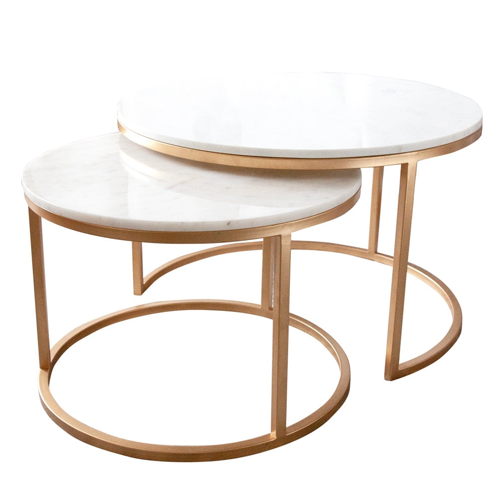 Marble top, brass legged nesting coffee table set. 