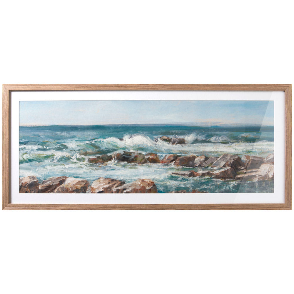 Framed print of a painted ocean scene. 
