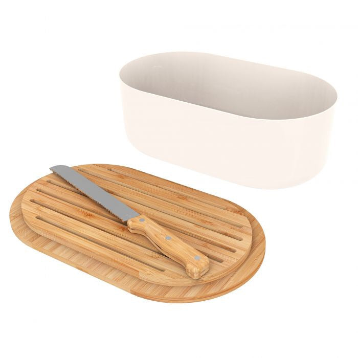 White bread bin with wooden lid and bread knife