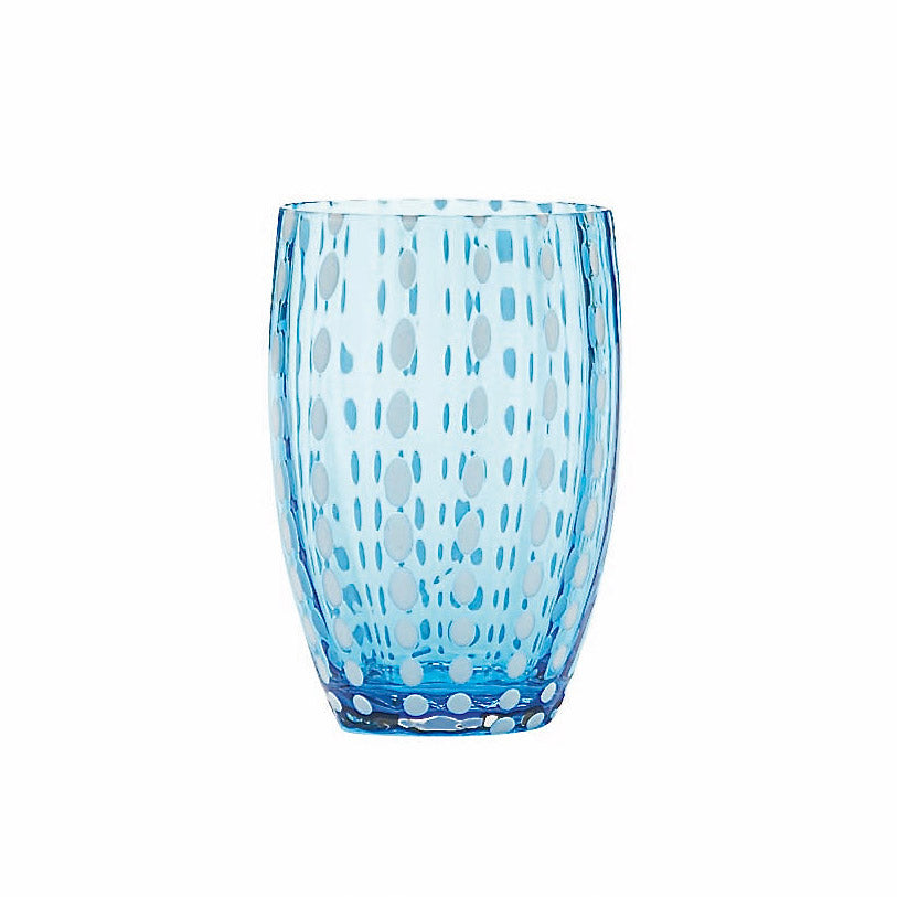Blue tumbler glasses with white dots running down the glass.