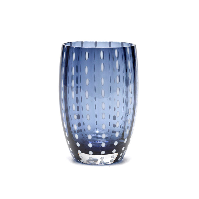 Navy blue tumbler glasses with white dots running down the glass.
