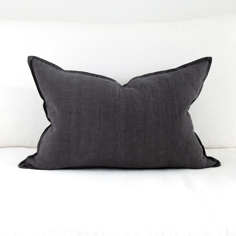 Rectangular charcoal linen cushion.