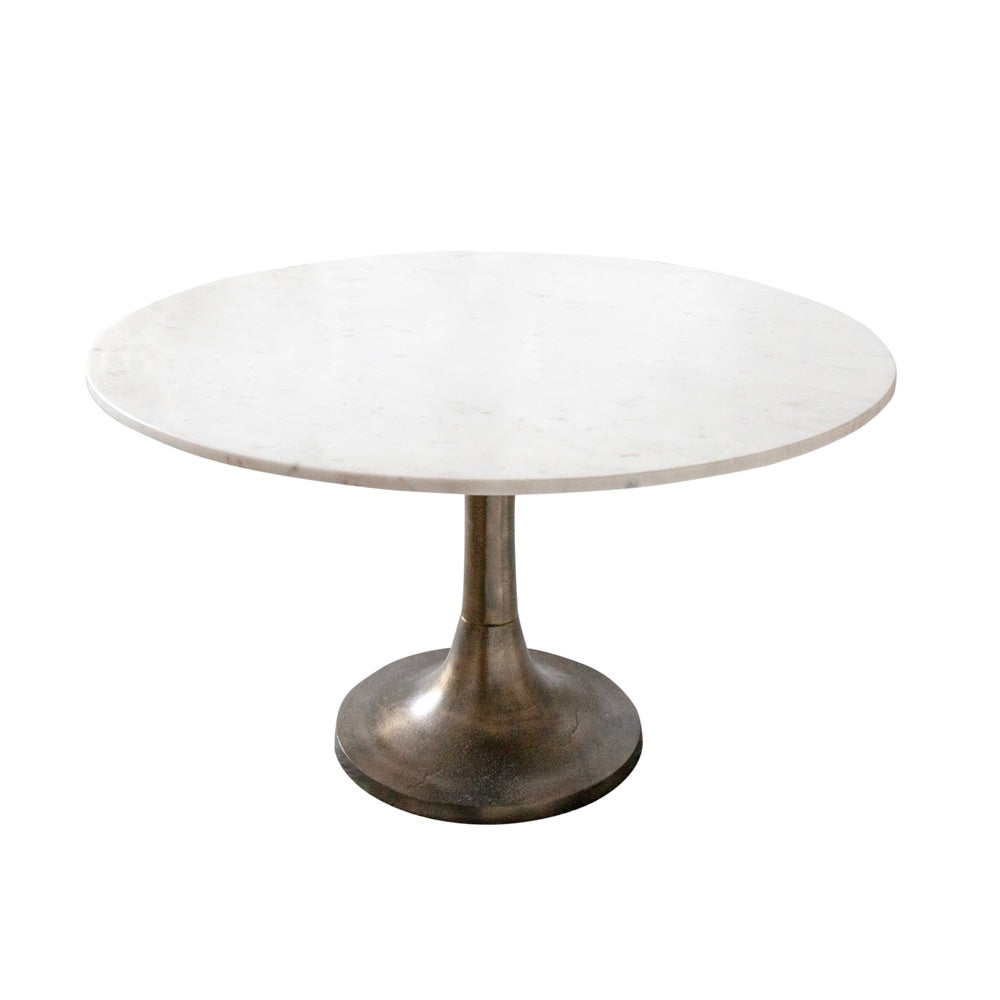 Round marble coffee table with brass base.