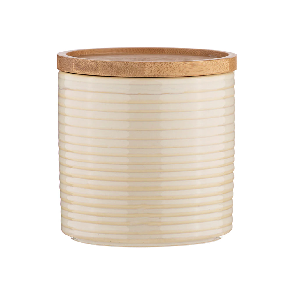 Medium ceramic kitchen canister with bamboo lid.