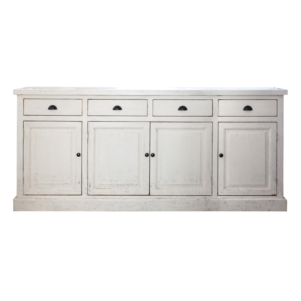 White buffet with four drawers, two side cupboards and one middle cupboard with two doors.