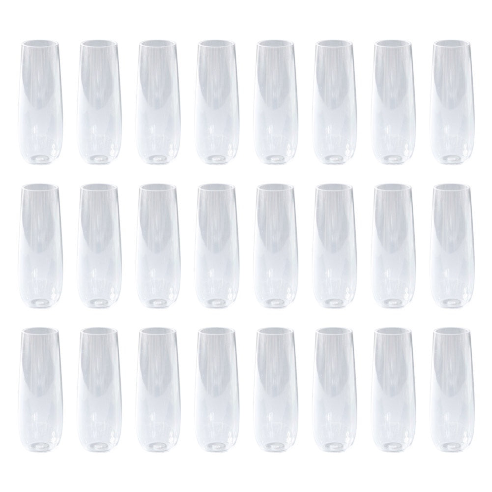 24 reusable plastic champagne flutes.