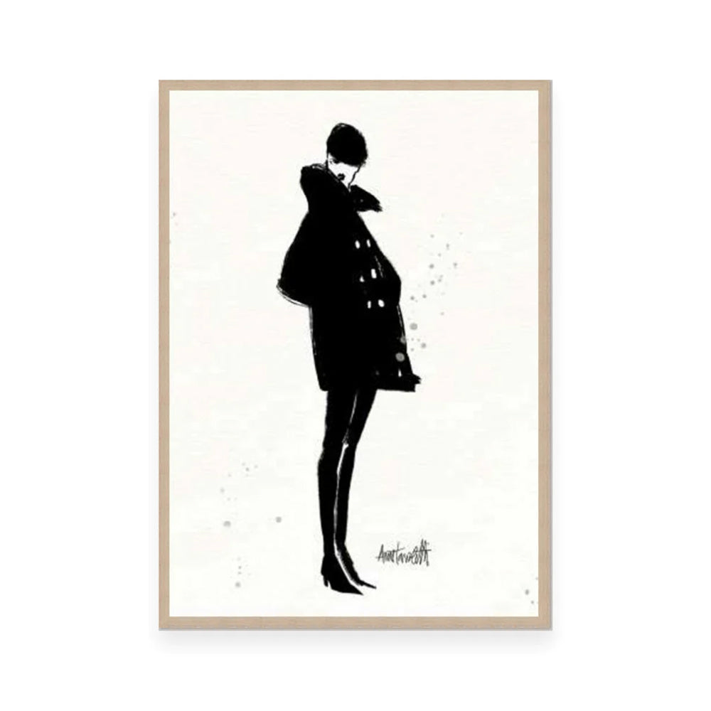 Black and white sketch of a woman wearing a large black coat. Wood frame wall art.