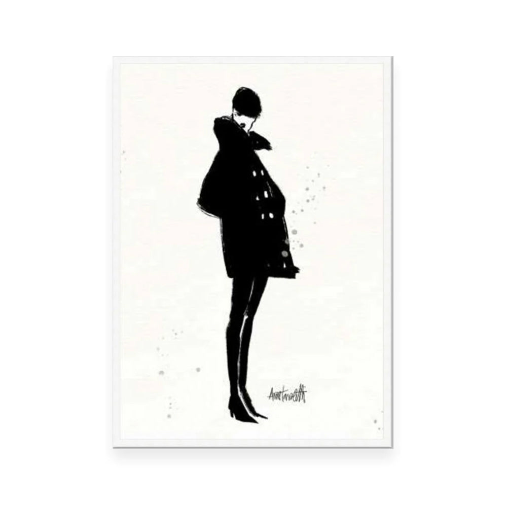 Black and white sketch of a woman wearing a large black coat. White frame wall art.