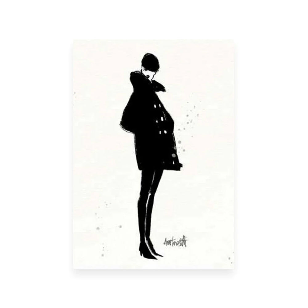 Black and white sketch of a woman wearing a large black coat. Wall art without frame.