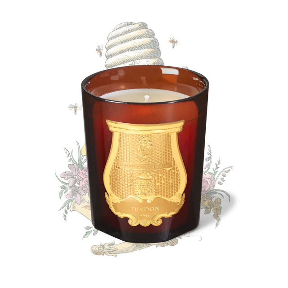 Trudon classic candle in cire fragrance. Amber glass vessel with gold Trudon crest. 